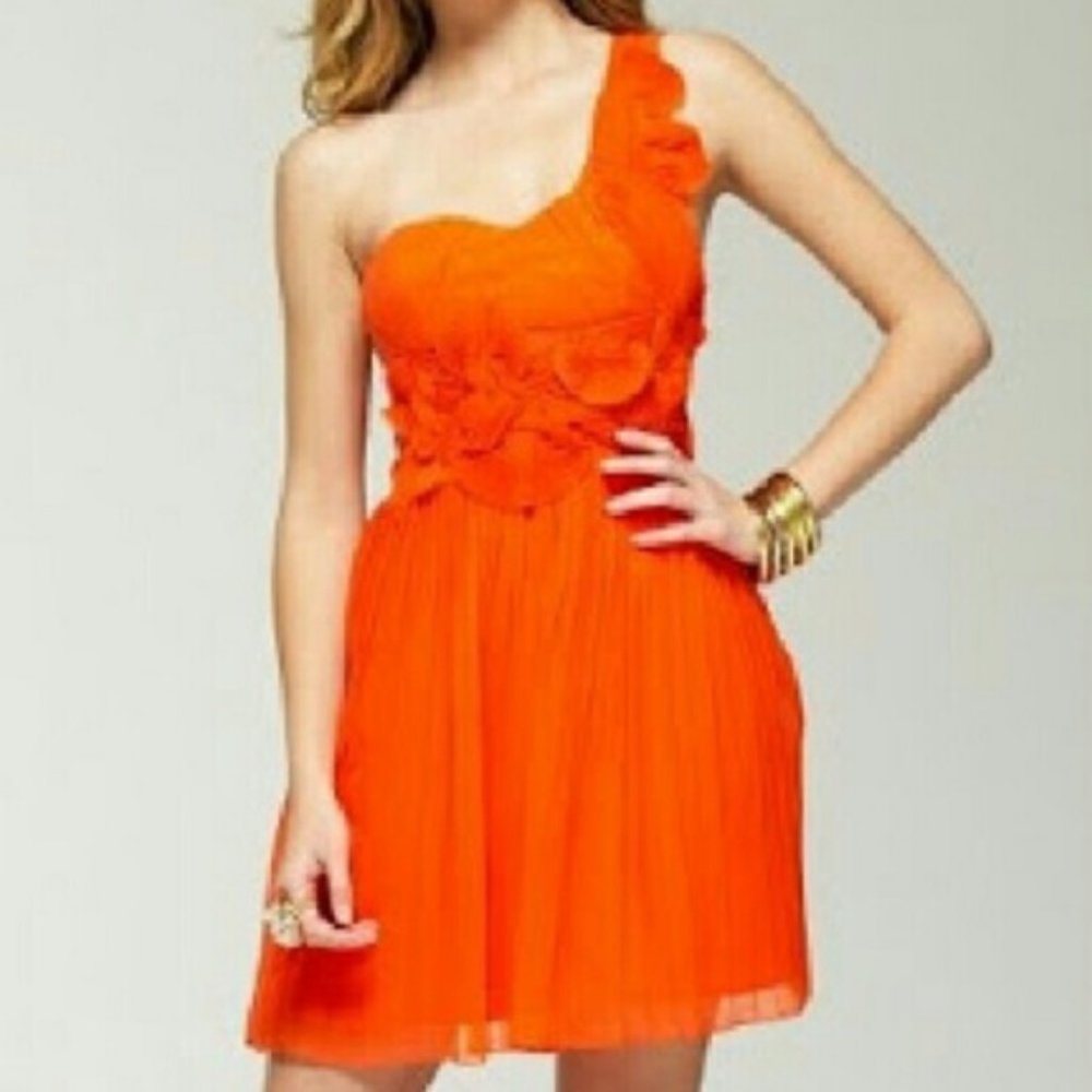 bebe Silk Pleated Chiffon Rosette One Shoulder Dress